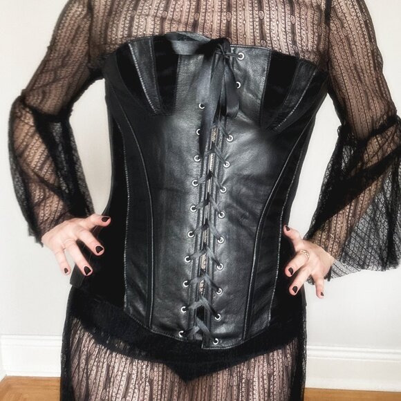 Vintage Allure Leather & Velveteen Corset - Picture 1 of 4